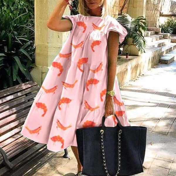 

round neck flying sleeves large swing dress casual leaf printed beach, Black;gray