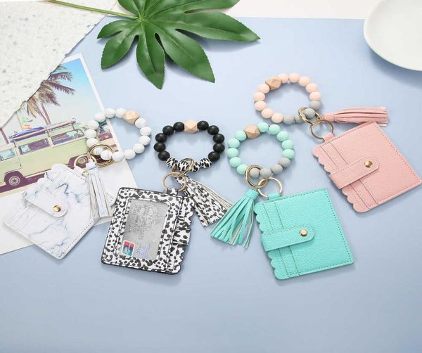 

handmade jewelry whole silicone bead bracelet card holder wooden bead wrist keychain pendant antilost tassel bracelet key rin6926847, Slivery;golden