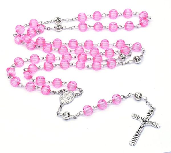 

pink plastic rose rosary necklace holy mary cross necklace religious jewelry1073830, Silver