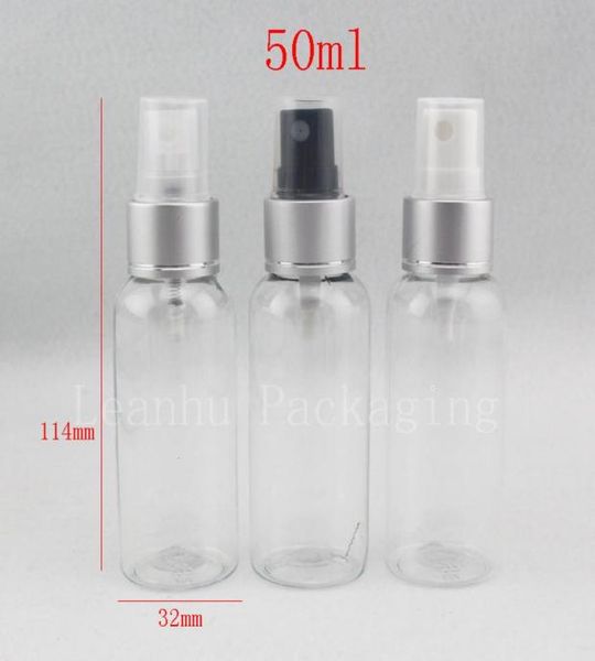 

whole 50ml x 50 clear cosmetic bottle silver aluminum collar spray pump 50cc perfume empty plastic mist sprayer bottles6333845