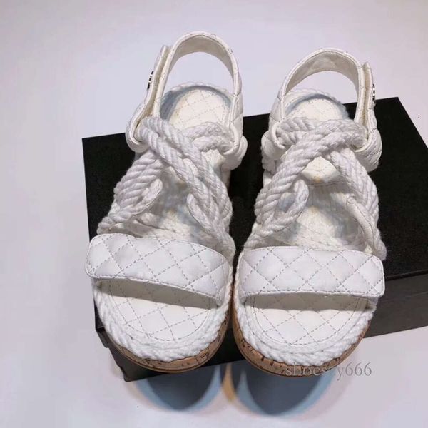 

2023 women rope sandals designer slipper flat platform sandal outdoor beach flip flops leather printed lace-up casual shoes with box, Black