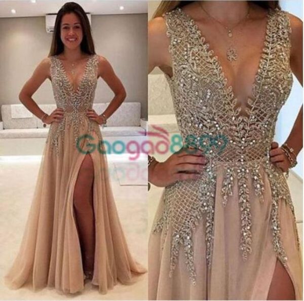 

champagne sparkly beaded split evening pageant party dresses 2019 modest vneck elegant full length women039s occasion prom gow1133254, Black