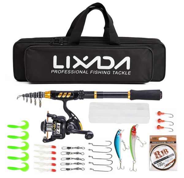 

whole telescopic fishing rod reel combo full kit fishing rod gear spinning reel line lures hooks with bag for vara de pesca5423797