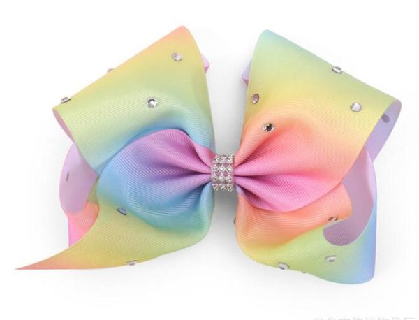

20pcs 18cm fashion large ombre signature rainbow ribbon hair bows clips with rhintesones boutique big bows for girl party hd34897580452, Slivery;white