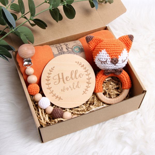 

gift sets organic boho baby basket gift box born crochet rattle muslin swaddle knit toy set 230715