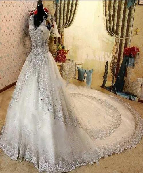 

sheer vneck bling crystal beaded aline wedding dresses luxurious sequins laceup back bridal custom made fashion wedding gowns8904301, White