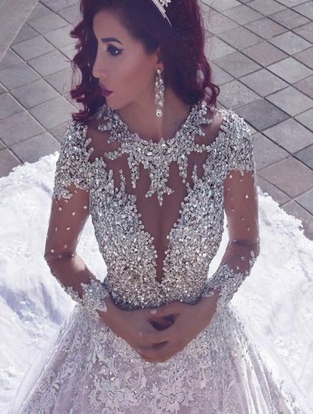

luxury beading lace wedding dresses sheer neck long sleeves appliques illusion back saudi arabic dubai wedding gowns cathedral tra8115584, White