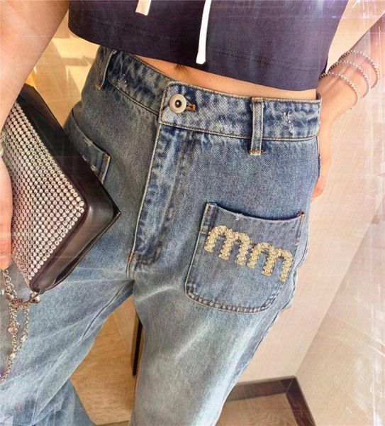 

letter rhine jeans trousers for women high waist slim straight pants female fashion designer denim pant clothing4155128, Blue