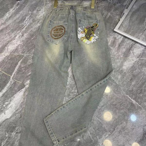 

embroidered koi fashion men's washed vintage jeans men's foreign style dad pants fashion, Blue