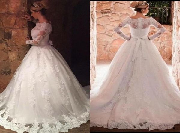 

2019 new lace ball gown wedding dresses elegant off shoulders appliqued long sleeves bridal gowns with bow sash vestidos de 2923896, White