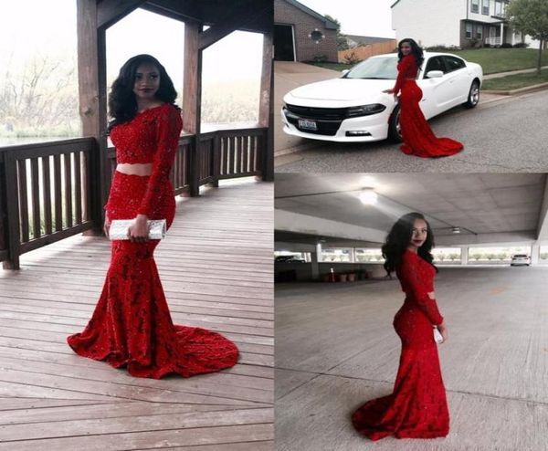 

gorgeous 2019 shiny red full lace two pieces evening dresses sheer long sleeves mermaid prom dresses custom made formal party gown2717115, Black;red