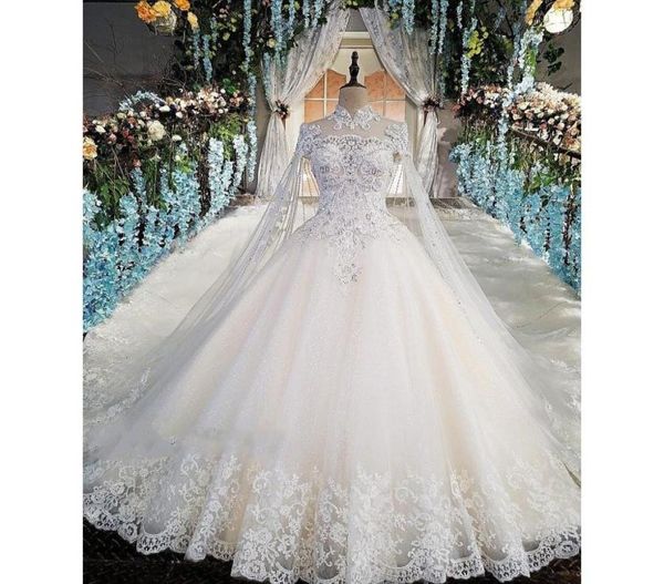 

luxury lace ball gown wedding dresses high neck beaded long sleeves bridal gowns sequined tulle cathedral train appliqued robes de1959023, White