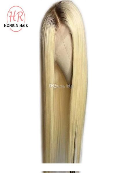 

honrin hair blonde ombre t4 613 lace front wig brown hair roots silky straight brazilian virgin human hair pre plucked full lace w2230544, Black;brown
