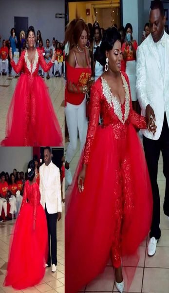 

red overskirt lace jumpsuit prom dresses with detachable train v neck sequined evening gowns long sleeves plus size appliqued form3281701, Black