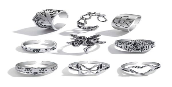

9pcs vintage silver rings set for women,butterfly heart stacking ring adjustable7407305