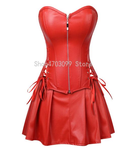 

women lace up back red corset dress steampunk faux leather waist cincher zipper bustier with mini skirt plus9071115, Black;white