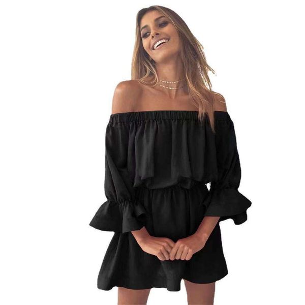 

summer womens solid color off shoulder dress, Black;gray