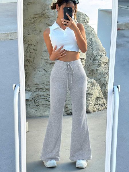

women's pocket patched drawstring waist wide leg sweatpants, White