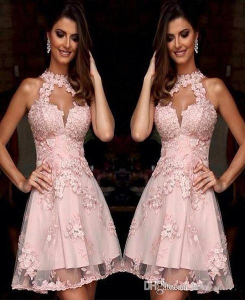 

semi formal cocktail dresses 2019 new illusion high neck blush pink lace homecoming dresses sheer neck short prom party gowns slee9316548, Black