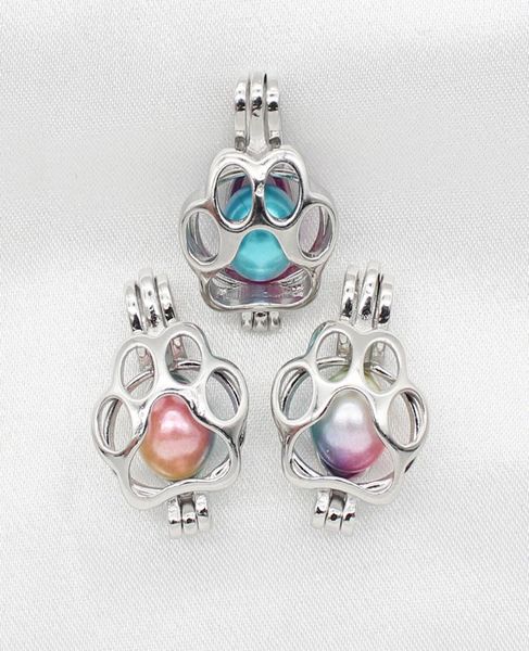

10pcs mini copper dog paw oyster pearl cage locket pendant essential oil diffuser bead cage lockets necklace charms9024070, Silver