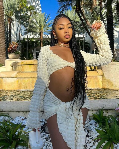 

fashion trend solid popcorn fabric long two piece set, White