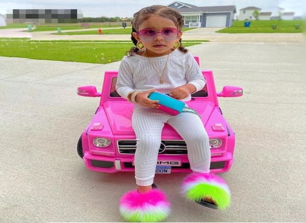 

1pairs2pcs summer kids fur slippers fluffy raccoon fur slides furry real fox fur flip flops flat children rainbow shoes girls san7827568, Black;grey