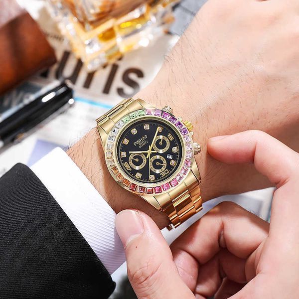 

the world's leading r olax watch market new trendy men's sports colored diamond watch steel band inlaid calendar quartz with gift, Slivery;golden