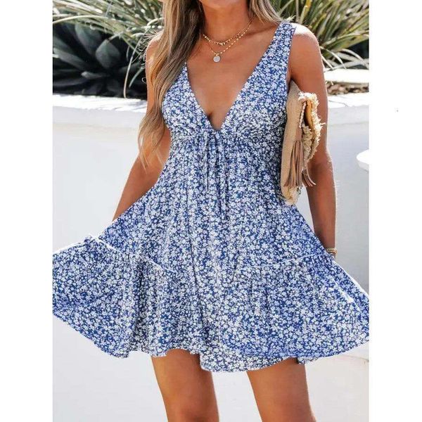 

sleeveless floral backless deep v neck lace up loose dress midi, Black;gray