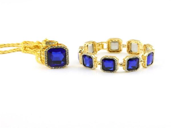 

new brand hip hop jewellry set gold blue black red ruby necklace bracelet men bling big size9494911, Silver