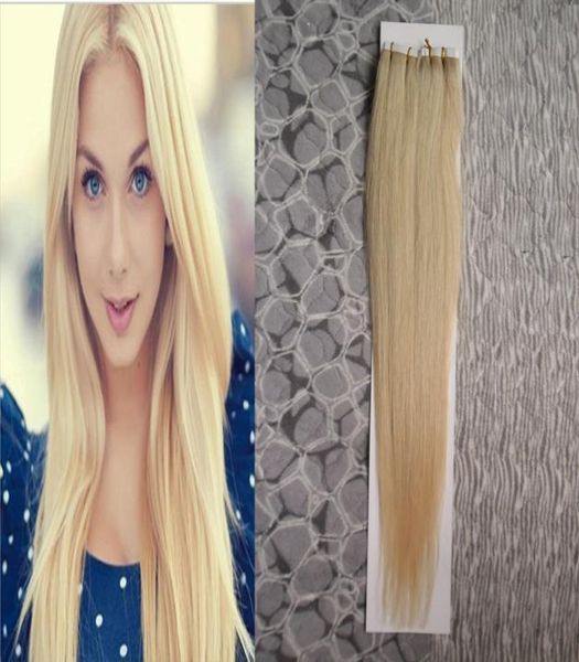 

100g tape in human hair extensions straight machine remy hair on adhesives invisible tape pu skin weft 613 blonde8376382, Black