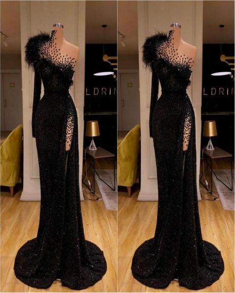 

2020 new black sequined evening dresses beaded feather mermaid prom dress high split formal party second reception gowns6196778, Black;red