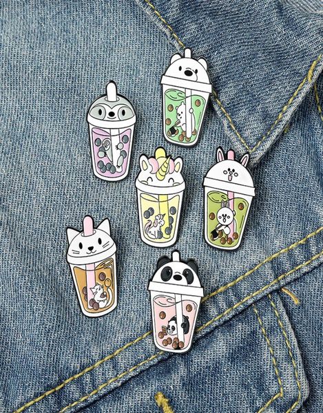 

new cartoon bubble tea cup shaped brooches set 6pcs cute animal head enamel paint badges alloy lapel pin denim shirt fashion jewel7467325, Gray