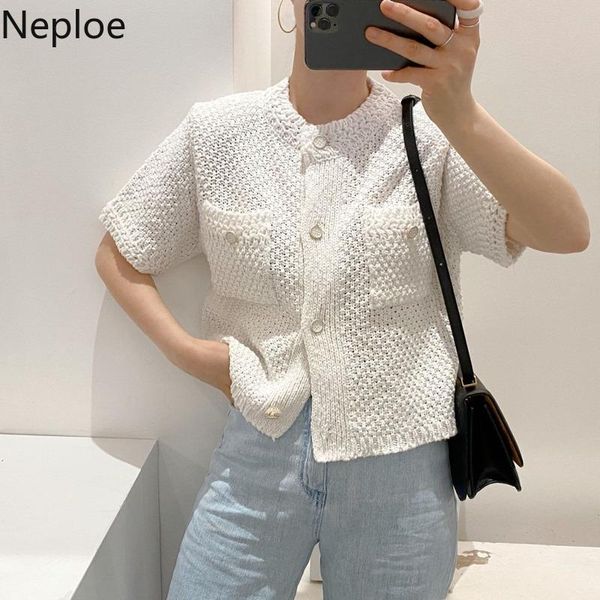 

dresses neploe korean cardigan women clothing short sleeve single breasted sweater o neck knit black 2023 fashion white coat femme, Black;gray