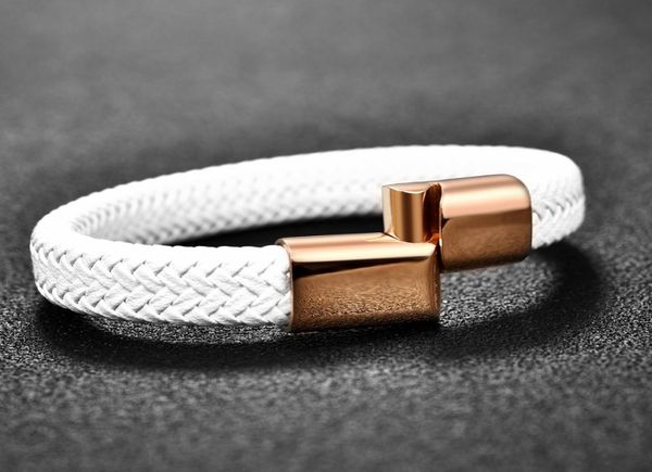 

2021 chic braided men bracelet white leather bracelet titanium steel clasp male jewelry gold rose gold silver color3822480, Golden;silver