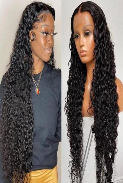 

lace wigs transparent water wave front wig 180 density wet and wavy curly human hair t part12090831349450, Black;brown
