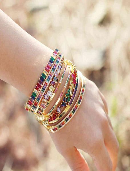 

adjusted gold filled rainbow baguette cz bangles for women gilr colorful cubic zirconia bracelet fashion crystal jewelry6474893, Golden;silver