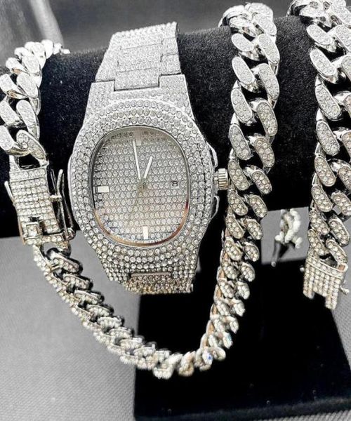 

chains luxury iced out watch necklaces bracelet mens hip hop jewelry set miama cuban link chain choker blinged gold watches7133866, Silver