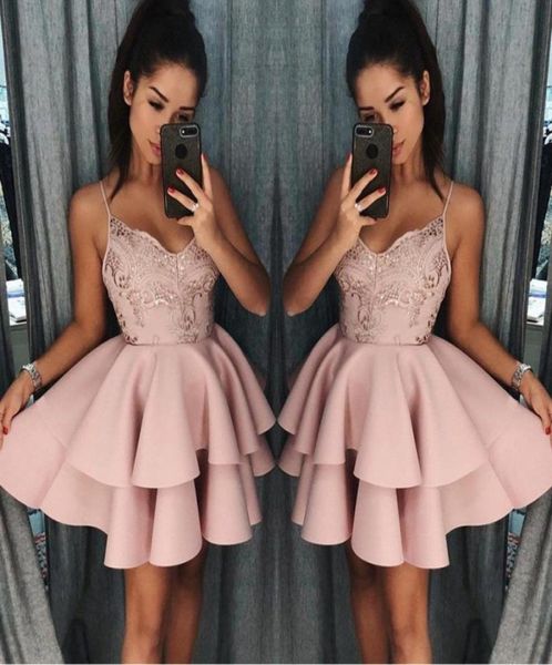 

dusty rose short homecoming dresses 2018 fall spaghetti straps a line layers cocktail dress lace sequins mini prom gowns ba7493273, Blue;pink