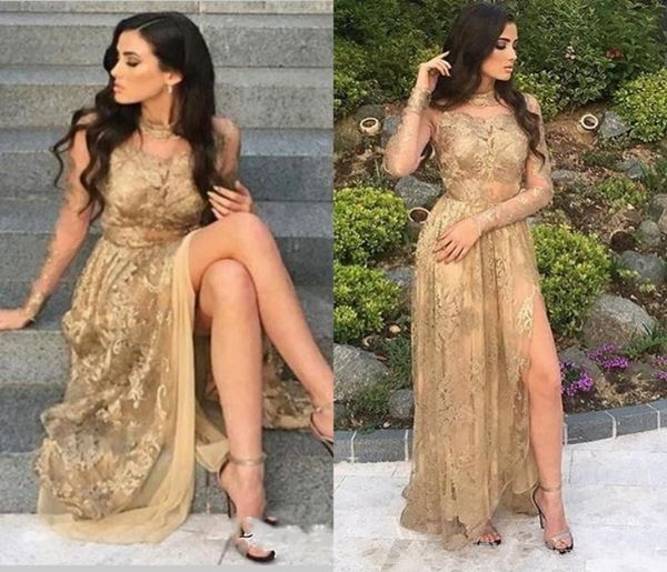 

gold high neck long sleeves evening dresses sheer neckline lace appliques side split evening dress a line formal party dress wear3855627, Black;red