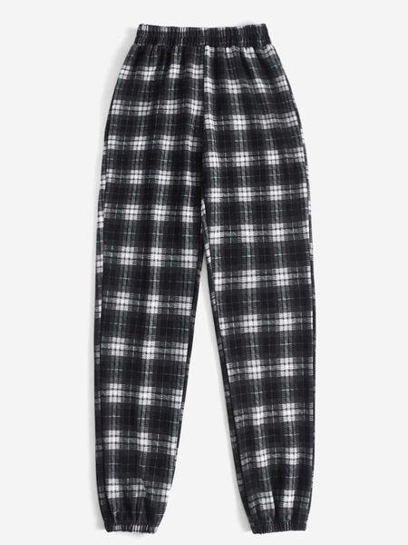 

women's plaid elastic waist sweatpants, White