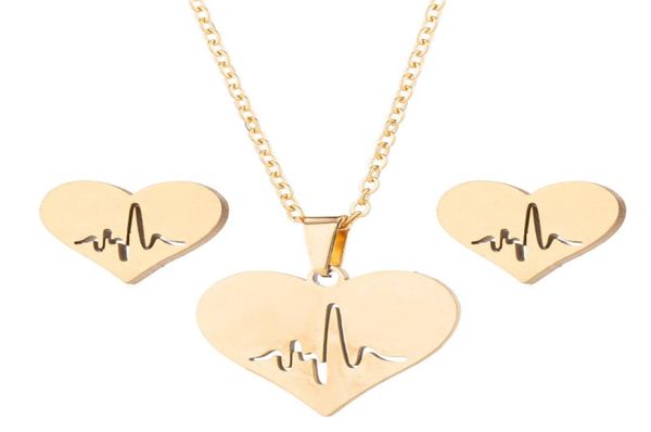 

fashion stainless steel love heart necklace women gold heartbeat stud earrings jewelry sets for girls wedding jewelry4303038, Silver