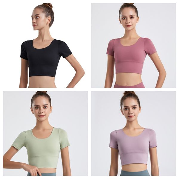 

upgraded internet celebrity new women's yoga suit with a nude cross back and navel exposed short sleeved t-shirt, slim fitting elastic, White;red