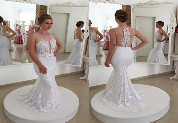 

jewel sheer neck mermaid wedding dresses 2021 illusion back appliqued lace bridal gowns sweep train belt bow vestidos de novi2118900, White