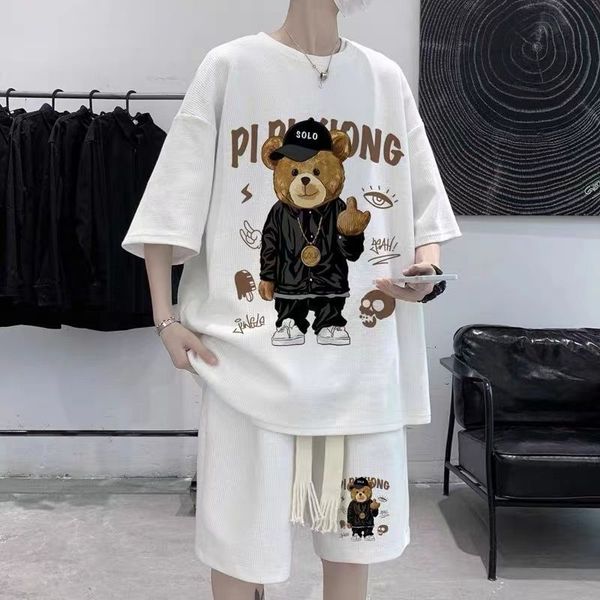 

men's tracksuits 2023 kawaii bear short sleeve t shirt shorts set oversize cartoon printed couple high street two piece suits 230715, Gray
