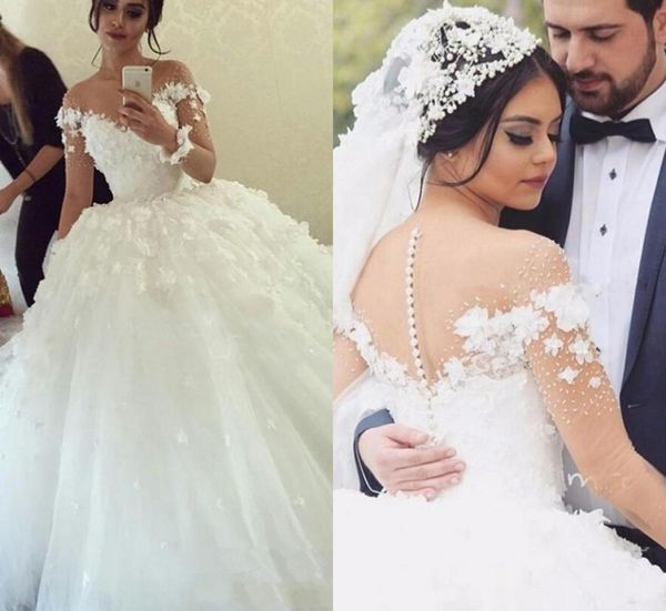 

lovely 3d flowers beaded plus size wedding dresses 2022 sheer long sleeve scoop see though back ball gown bridal dress beach bohem8581394, White