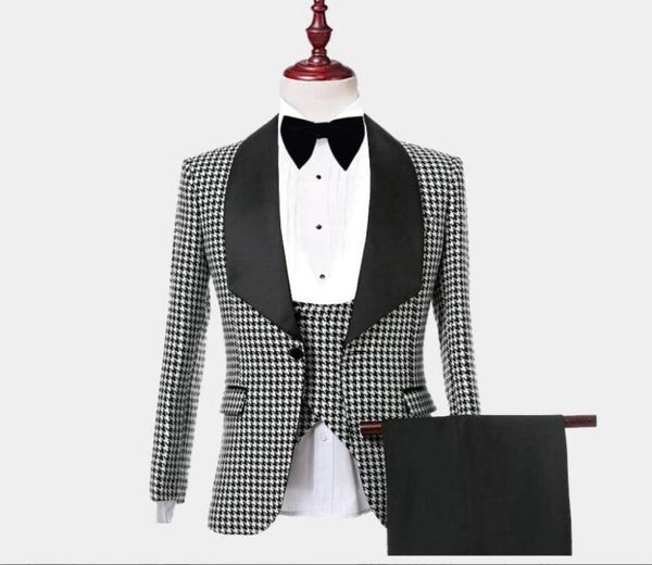 

fashion gentleman houndstooth tuxedo with black shawl lapel mens suits custom made wedding tuxedos jacket pants vest slim fit2414276, Black;gray