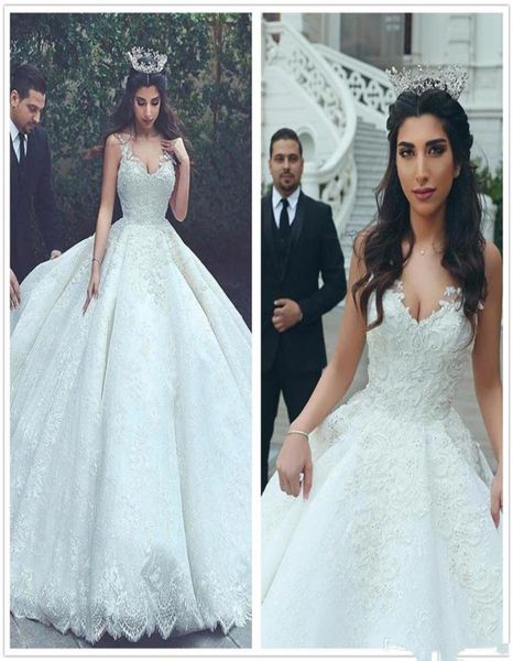 

gorgeous 2018 arabic spaghetti straps lace ball gown wedding dresses appliques beaded floor length bridal gowns vestidos de novia2994025, White