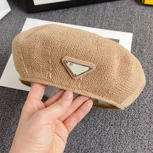 

2023 designer ball caps inverted triangle ice silk beret british vintage thin straw knitted artist hat summer mesh bud hat straw hat flat ha, Blue;gray