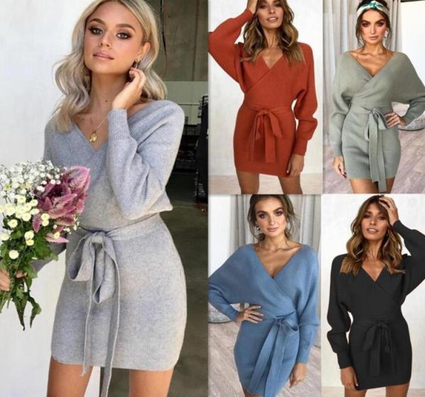 

long sleeve vneck knitted dress women casual sash autumn winter sweater skirt ladies elegant wrap pullover dresses4339982, Black;gray