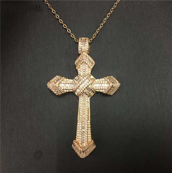 

vecalon fashion big cross pendant gold color 925 sterling silver diamond party wedding pendants with necklace for women men jewelr8506081